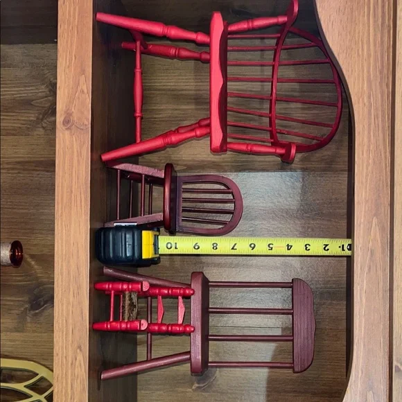 Set of 3 Miniature doll, Red and Burgandy painted Wooden Chairs, 3rd chair sold - Picture 6 of 10